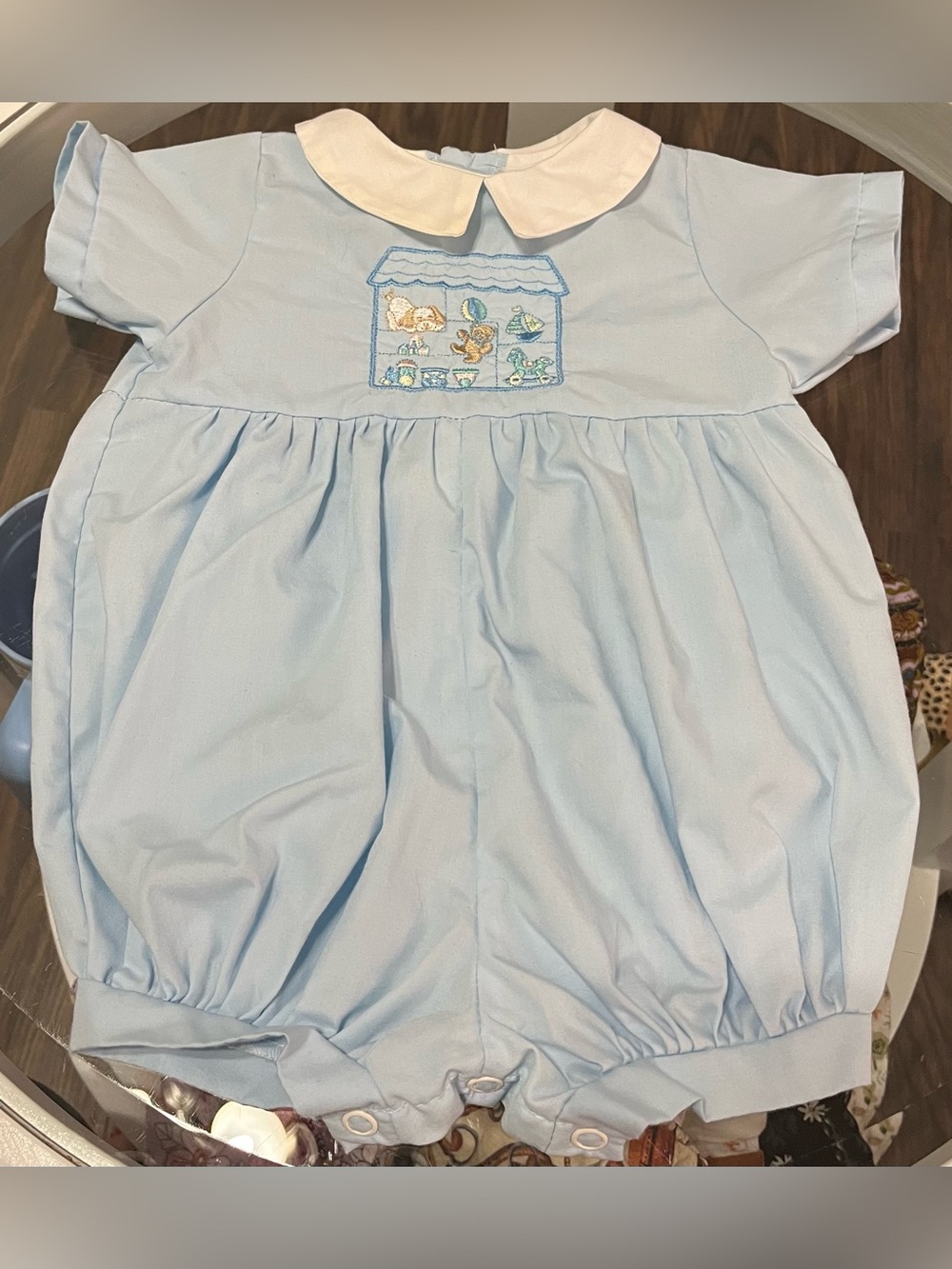 Alexis Light Blue Bubble Romper with White Peter Pan Collar